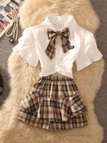 Dodobye 2025 Casual Preppy 2 Piece Set Women French Bow Polo-neck White Blouse + Retro Plaid Design A-line Mini Skirts Japanese Style