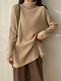 christmas outfit Dodobye Casual Long Sleeves Loose Split-Side Solid Color High-Neck Sweater Tops