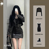 thanksgiving outfit Dodobye 2024 Autumn New Women's Cropped Leather Jacket Tank Dress Slimming Bodycon Skirt Trendy Fashionable Female Dress Set