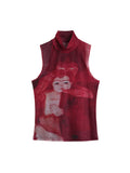 Dodobye Tie Dye Mesh High Neck Hand Painted Printed Women Top 2025 Summer Fashion Sleeveless Slim T Shirt Lady Holiday Beach Style Tops