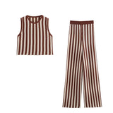 thanksgiving outfit Dodobye 2024 Spring Summer Vintage Knitted Striped Women Suits Fashion Casual O Neck Sleeveless Short Tops+High Waist Long Pants