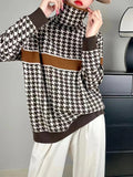 christmas outfit Dodobye Long Sleeves Loose Contrast Color Houndstooth Split-Joint High Neck Pullovers Sweater Tops