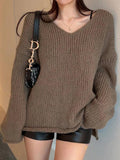 Dodobye-Solid V Neck Slit Rolled Sweater