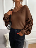 christmas outfit Dodobye Loose Puff Sleeves Leopard Split-Joint V-Neck Sweater Tops