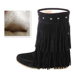 thanksgiving outfit Dodobye Women's 2 Layer Fringe Tassels Flat heel Half knee high Boots fur Shoes Big Size 34-47 Snow Boots Zapotos