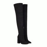 thanksgiving outfit Dodobye Women Boots Over Knee 61cm Chunky Heels 10.5cm Pointed Toe Flock Suede Big Size 33 45 46 48 Black