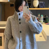 Black Friday Dodobye Loose Lazy Sweater Women Twist Fashion Knit Autumn Winter Warm Cardigan Harajuku Stand Collar Gray Vintage Female Jumpers