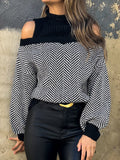 christmas outfit Dodobye Loose Puff Sleeves Contrast Color Split-Joint Cold Shoulder Sweater Tops