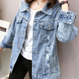 Dodobye 2025 Autumn New Denim Jacket Women Harajuku Printed Frayed Beading Loose Casual Jeans Jacket Coat Outwear Female Jacket P521