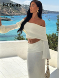 Dodobye Sexy Knit Off Shoulder Top Skirt Set Women Pleated Slash Neck Full Sleeve Tops Elastic Long Skirts 2024 Summer Lady Beach Outfit