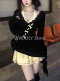 Dodobye Fall Winter Women Y2k Shoujo Girl 2000s Kpop Korean Outfits 2 Piece Set Long Sleeve Tops + Coquette Ballet Core Mini Lace Dress