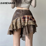 Dodobye E-girl Gothic Y2k Irregular Grid Splicing V-shape Waist Plaid Skirt Retro Personalized Lace Short Skirt Female Clothing