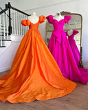 Dodobye Taffeta V Neck Puff Sleeve robes de soirée Bow Draped A-Line Floor-Length Evening Dresses Cocktail Party Wedding Dress-(PRE-ORDER)