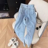 Dodobye Fashion Bow Print Jeans Women High Waist Loose Sweet Casual Denim Pants Korean Chic All Match Female Fall Straight Pants