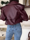 Dodobye Fashion Women's Burgundy Crop Leather Jacket Vintage Lapel Pockets Long Sleeve Coat 2024 Autumn Winter Lady Street Loose Outwear