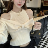 Black Friday Dodobye Sexy Off Shoulder Sweater Women Christmas Elegant Manners Bow Solid Two Piece Knit Jumpers Chic Vest Commuter Office Lady Tops