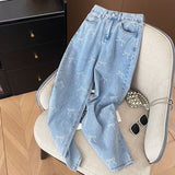 Dodobye Fashion Bow Print Jeans Women High Waist Loose Sweet Casual Denim Pants Korean Chic All Match Female Fall Straight Pants