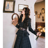 Dodobye Black Gray Plaid Retro Jacket And Umbrella Skirt