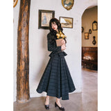 Dodobye Black Gray Plaid Retro Jacket And Umbrella Skirt