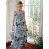 Dodobye Blue Indigo Flower Oil Painting Strap Dress And Cardigan