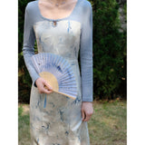 Dodobye Blue Indigo Bamboo Leaf Pattern Cheongsam Dress