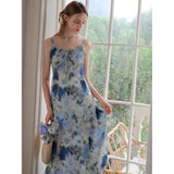 Dodobye Blue Indigo Flower Oil Painting Strap Dress And Cardigan