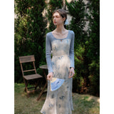 Dodobye Blue Indigo Bamboo Leaf Pattern Cheongsam Dress