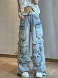 Dodobye Light blue washed ripped multi-pocket high street cargo pants women 2025 aesthetic fashion American retro wide leg baggy jeans