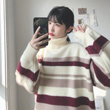 Black Friday Dodobye Zoki Turtleneck Sweaters Women Vintage Striped Fall Winter Casual Thicken Warm Preppy Pullovers Baggy All Match Knitwear Jumper