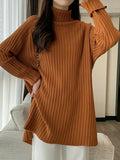 christmas outfit Dodobye Casual Long Sleeves Loose Split-Side Solid Color High-Neck Sweater Tops