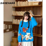 Dodobye Sweet Japanese College Style Cartoon Teddy Bear Jacquard Design Pullover Sweaters Autumn Winter Warm Knit Y2k Pullovers