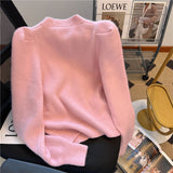 Black Friday Dodobye Sweet Knit Sweater Women Puff Sleeve Gentle Soft Pink Chic Button Top Elegant Gold Single -Breasted Pretty Style Cardigan