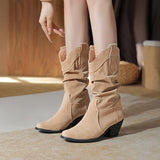 thanksgiving outfit Dodobye Pleated Women Mid Calf Boots Toe Block Heels 6cm Slip On Flock Suede Size 44 45 Daily Bota