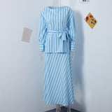 Dodobye Elegant Stripe Print Skirt Set Women Fashion Belt Lantern Sleeve Shirt Pleated Long Skirts 2024 Spring Summer Casual Lady Outfit