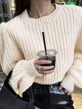 Dodobye-Solid Lantern Sleeve Short Knit Sweater