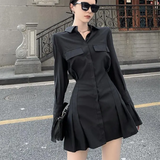 Dodobye Black Shirt Dress Women Elegant Vintage Long Sleeve Pleated Dress Sexy Gothic Y2k Turn Down Collar Casual Mini Vestidos