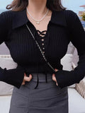 Dodobye-Solid Drawstring Tie Front Lapel Neck Ribbed Sweater