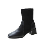 Dodobye Autumn and Winter New Chunky Mid-heel Square Ankle Boots for Women Knitted Apricot Skinny Socks Single Boots