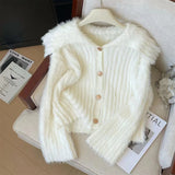 Black Friday Dodobye Faux Mink Cardigan Women White Single-Breasted Elegant Solid Basic Sweater Doll Collar Lazy Vertical Pit Stripes Knit Jumpers