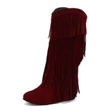 thanksgiving outfit Dodobye Women Mid Calf Boots Round Toe Increased Heel Fringe Flock Suede 46 47 48 Slip On Fashion Dating Bota