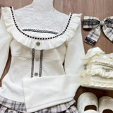 Dodobye Cute Soft Girl Style Gray White Checkered Lace Patchwork Short Skirt Bow Waist Cinching Patchwork Top Autumn Y2k Sets