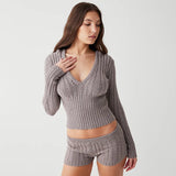 christmas outfit Dodobye Women Solid Gray Twist Knitted Hooded Sweater Vintage Slim Cropped  Pullover Knitwear Full Sleeve 2 pieces Set Tops