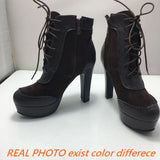 thanksgiving outfit Dodobye Ankle Boots Lace Up Flock Platforms Round Toe Block Heel Short Plush Black Yellow Grey A4506