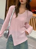 Dodobye-Solid V Neck Slit Thin Long Sleeve Knit