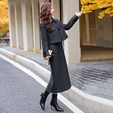 thanksgiving outfit Dodobye Fashionable Casual Suit Autumn/Winter New PU Leather Patchwork Tweed Style Down Jacket Half Skirt 2-Piece Set Skirt YJ6816