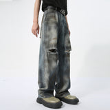 Dodobye 2025 Summer New Men'S Ragged Jeans Casual Retro Style Dirty Fashion Perforated Design Loose Straight Leg Wide Leg Pants M-Xl