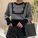 Dodobye Houndstooth Vintage Sweaters Women Long Sleeve Casual Patchwork Knitted Jumpers Korean Loose O Neck Retro Buttons Pullovers