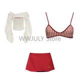 Dodobye Woman 90s Aesthetic Fashion 3 Piece Set Spicy Girls Plaid Bra + White Print Long Sleeve Tops + Red Y2k Mini Skirt Korean Style