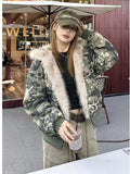 Dodobye American Fashion Camouflage Plush Hat Jacket Coat Y2K High Street Hip hop Harajuku Loose Women Make Hoodies Fashion Streetwear