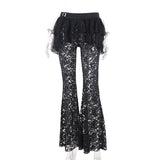 Dodobye American High Street Dark Gothic Irregular Fake Two Piece Micro La Long Pants Women's Lace Splicing Casual Pants カラコン